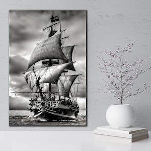 Sailboat Canvas, Galleon in Dark Sea Wall Art, Dark Night Seascape, Boats,  Modern Rowing boat Theme Art, pirate galleon ship painting