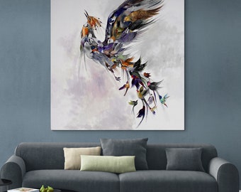 Mother Phoenix Printable Wall Art Canvas, Modern Abstract Paint, Sacred Legendary Birds Painting, Religious Animals Figures