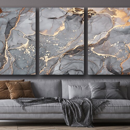 Gray Marble Wall Art Abstract Marbling Gold Abstract Wall Etsy