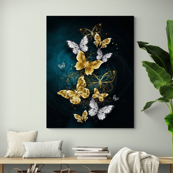 Blue Art Butterflies Decor Wall Gold Butterfly, Flying Etsy Textured Canvas , Golden Butterfly Art Glitter Painting, Canvas, - Butterflies