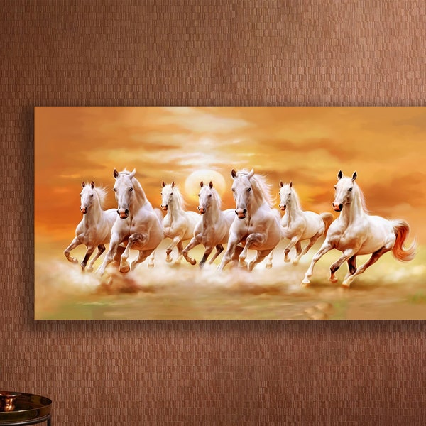 Modern Abstract Seven Running White Horse Canvas, Animals Print on Canvas, White Horse Canvas, Home Decor ,Office Decor, Modern Wall Art