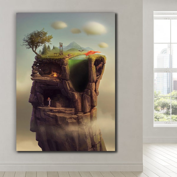 Solitude Heights,Surreal Landscape, Cliffside Retreat, Solitary Figure, Strength in Solitude, Fantasy Art, Nature's Resilience
