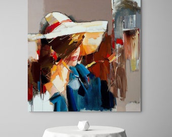 Mystery in Brim: Abstract Lady with Hat Canvas Art,abstract, lady, hat, canvas art, mystery, bold brushstrokes, vibrant palette, red