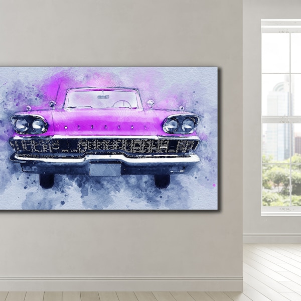 Chromatic Cruiser,Classic Car Art, 1950s Automobile, Watercolor Vehicle, Pink and Blue, Abstract Automotive, Mid-Century Design