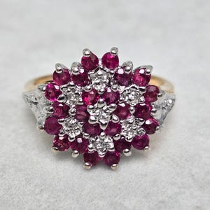 9ct Yellow Gold Ring Ruby and Diamonds Stones Cluster Hallmarked Ring Size N