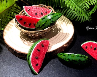 Handmade Clay Watermelon Bead, Realistic Kawaii Fruit Jewelry Supply, 1 pc