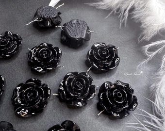 Black Acrylic Rose Cabochons, Flatback Flower Beads for Jewelry Making, 2pcs