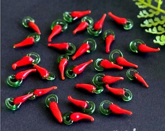 Red Chilli Glass Beads, Plant Charm, Handmade Food Lampwork Jewelry, 5pcs