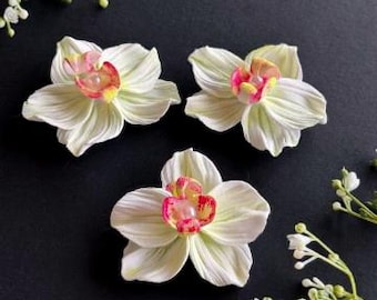 Handmade Clay White Orchid Flower Beads, Jewelry Making For Floral Designs