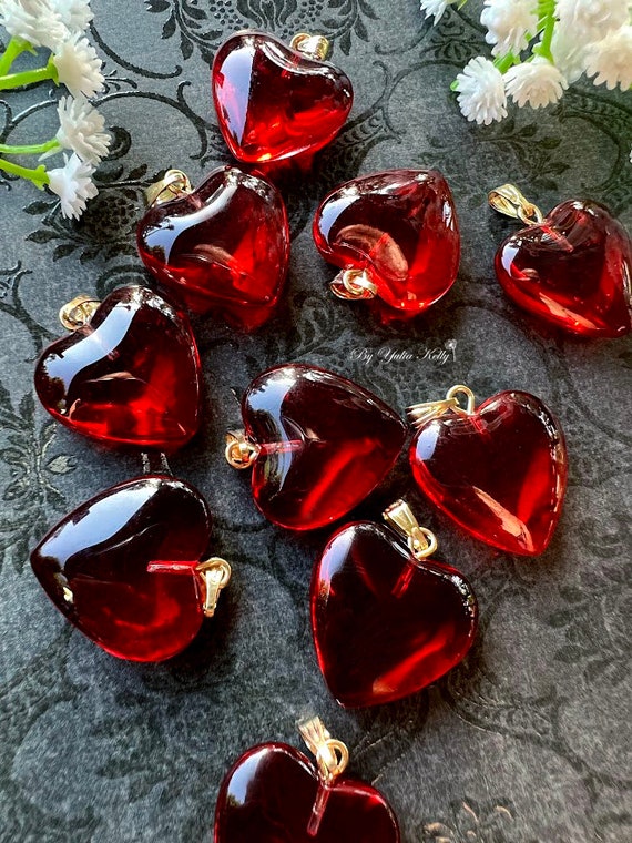 Red Heart Glass Crystal Beads, Glass Heart Beads, Valentines Day