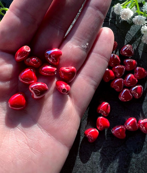 Red Heart Glass Crystal Beads, Glass Heart Beads, Valentines Day