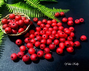 Polymer Clay Beads, Red Cowberry Clay Beads, Clay Red Berry Beads, Cowberry Clay Beads, Clay Summer Beads, Red Clay Beads, Red Berry Beads