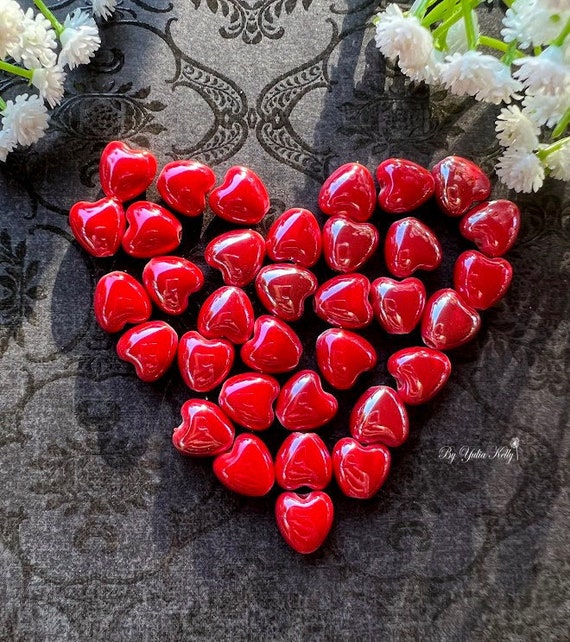 Red Heart Glass Crystal Beads, Glass Heart Beads, Valentines Day