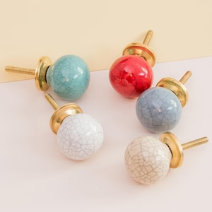 6 x Ceramic Knobs | White | Grey | Turquoise | Beige | Red | Mix | Spherical Furniture Knobs | Gold Mounting | Ø 3 cm Ceramic | Crackled | Handcrafted