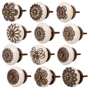 12 X Furniture Knob White Ceramic Antique Filigree Crown Knob