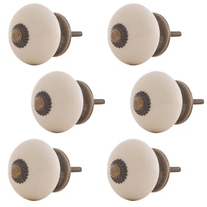 Set of 6 furniture knobs, ceramic cream, antique bronze crown