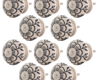 Set Möbelknopf 10 Stück Keramik Schwarz-Weiß handbemalt