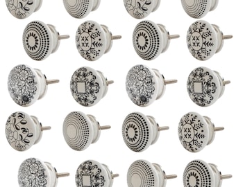 20 X Boutons de meubles Blanc Mix Céramique Art Déco Imprimé Shabby-Chic Poignées de bouton