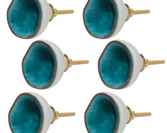 6 x boutons de meubles haut de gamme en céramique vert bleu turquoise élégant bord doré poignée de meuble décorée shabby chic