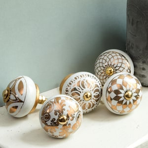 Set of 6 white gold furniture knobs drawer knobs shabby chic vintage door handles drawer knobs decorated ceramic many variations