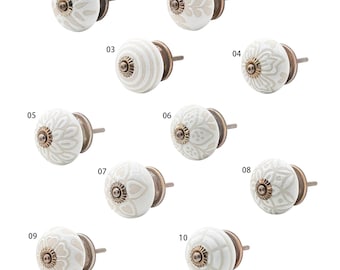 Bouton de meuble en céramique blanc gaufré ornement étoile bouton M3 finition antique