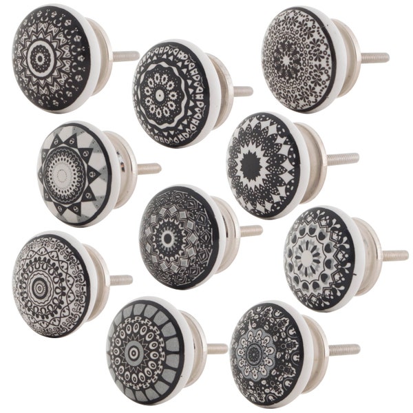 Set furniture buttons ceramic 10 piece mandala printed cabinet buttons