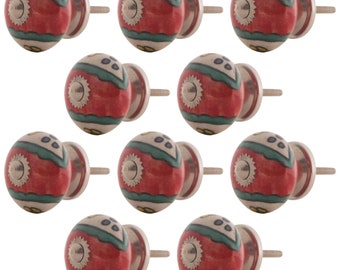 10 x furniture knobs ceramic red hand painted shabby chic country house style