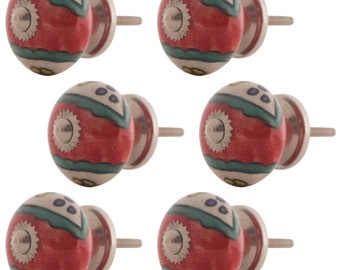 6 x furniture knobs ceramic red hand-painted