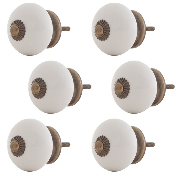 6X Furniture Knob Set White Ceramic Antique Bronze Crown Knob