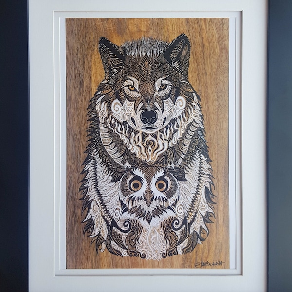 Giclee fine art print of wolf & owl tribal design black and white pen on wood intricate designs patterns unique wall art by Sarah McDermott