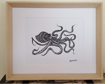 Art print of my original octopus drawing in black pen on white paper. The octopus is an amazing sea animal & mine is dancing to beach music!