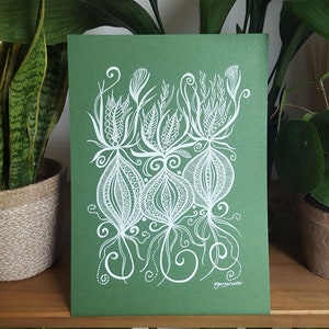 Alquimia IV - desenho original de plantas botânicas floresce a natureza em cartão verde metálico - um presente para um jardineiro ou amante de atividades ao ar livre, talvez!