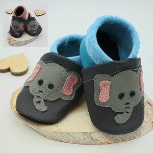Handmade eco-leather crawling shoes with &quot;elephant&quot; motif by IRiZ DESiGN, birth gift