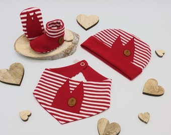 Handmade cotton jersey set of shoes, scarf and hat by IRiZ DESiGN, birth gift, initial equipment