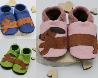 Handmade eco leather crawling shoes with dachshund, birth gift