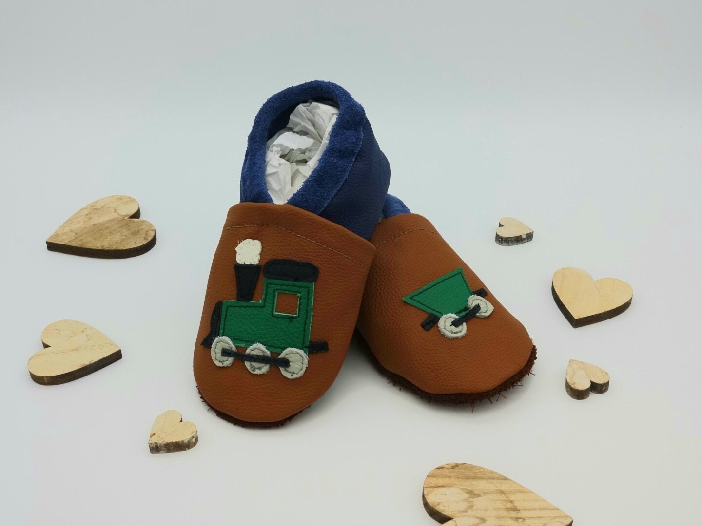 Handmade eco-leather crawling shoes with "locomotive" by IRiZ DESiGN, birth gift