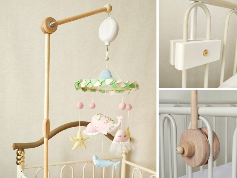 Wood crib mobile arm with baby mobile music box unit mount Etsy