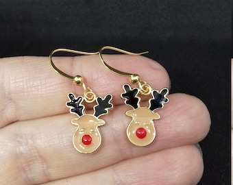 Reindeer earrings, dangle earrings, gift for her, earrings, festive,  stocking filler, stocking stuffer, gold earrings, secret santa