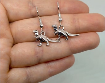Dinosaur silver earrings, dangle earrings,gift for her, stocking filler, stocking stuffer, dinosaur jewelry, teen gift