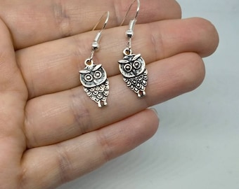 Silver owl earrings, dangle earrings, gift for her, earrings, stocking filler, stocking stuffer, gift for her, animal earrings