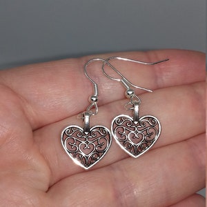 Silver heart earrings, dangle earrings, gift for her, earrings, stocking filler, stocking stuffer, gift for her