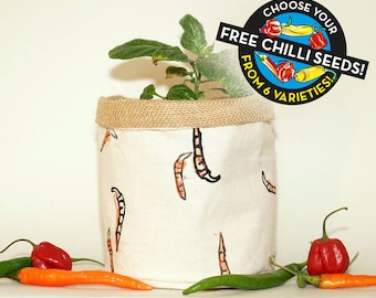 Hand-Printed Calico Fabric Plant Pot - Plant Apparel - Free seeds - handmade gift