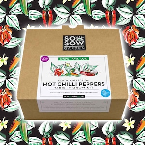 May include: A brown cardboard box with a label that says "Grow Your Own Exotic Collection Hot Chilli Peppers Variety Grow Kit". The label also includes the text "Collection Heat Range Level: 35,000-250,000 (SHU)" and "So Sow Garden.com".
