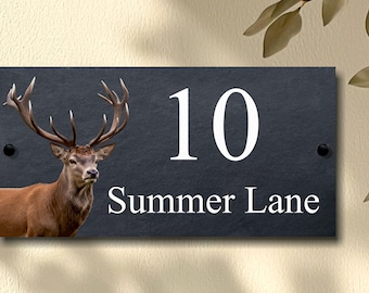 Letrero de pizarra con ciervo para casa, número de dirección personalizado