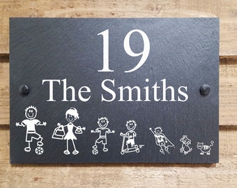 Stick Family Slate House Name Plaque Door Number Sign Gate in 4 Sizes - Perfect Christmas Gift