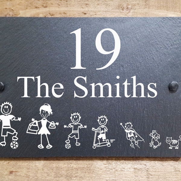 Stick Family Slate House Name Plaque Door Number Sign Gate in 4 Sizes - Perfect Christmas Gift