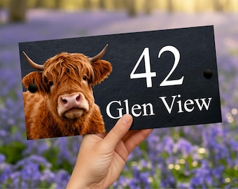 Letrero de pizarra de vaca de las Tierras Altas a medida: placa de dirección personalizada
