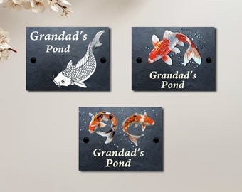 Personalised Koi Carp Slate Pond Sign – Garden Decor, Custom Name