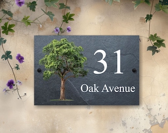 Letrero de pizarra con forma de roble para casa, placa personalizada con número de dirección