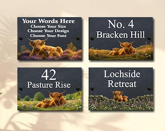 Personalised Highland Cows & Calf Slate House Sign: Custom Address Plaque